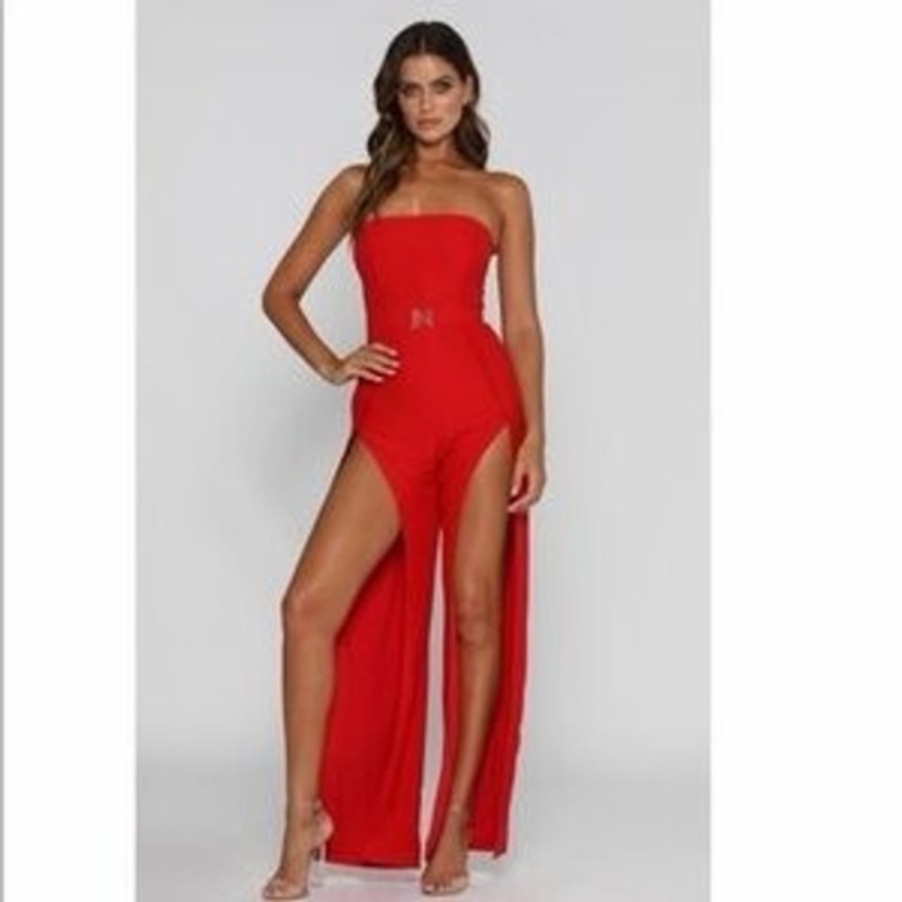 Meshki Livia Strapless Red Jumpsuit High Slit Leg XS Glam Party Luxury Clubwear